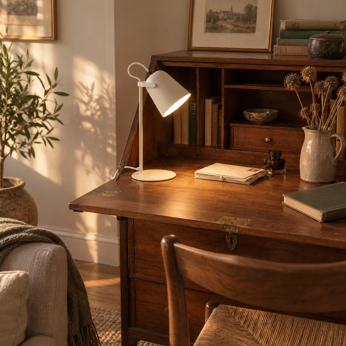 Aveiro iron bucket table lamp in white, in a living room.