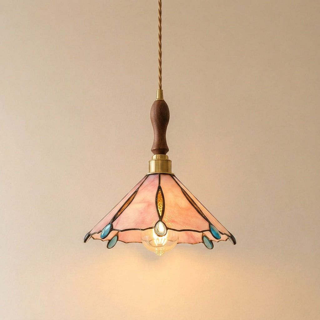 Burgau leaded glass pendant in pink and blue with wood spindle