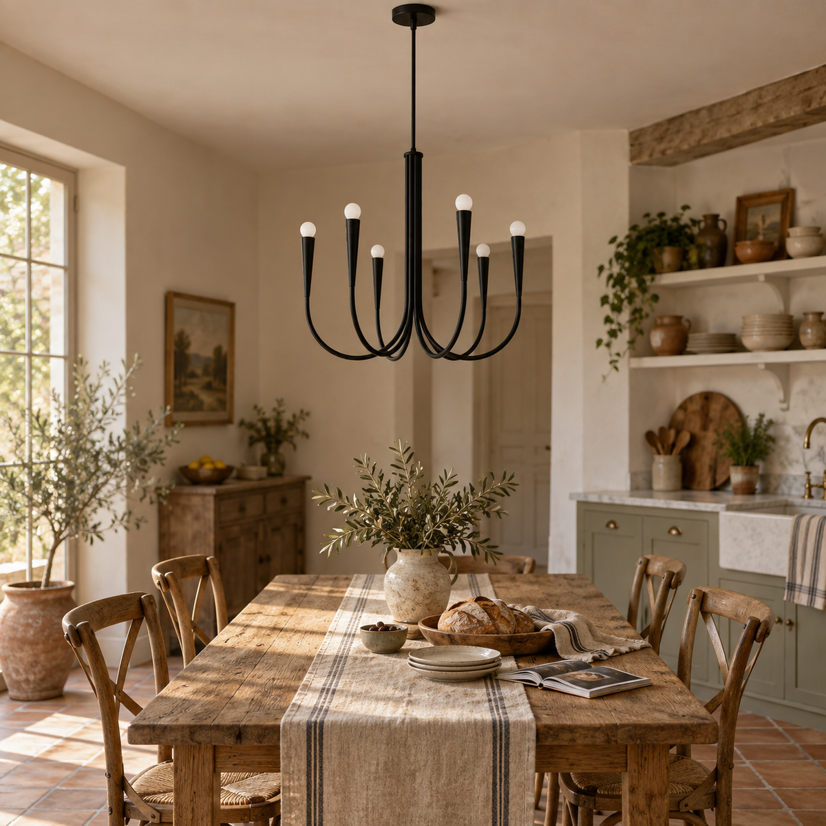 Balsemão curved-arm ceiling light, black finishes, in a kitchen.