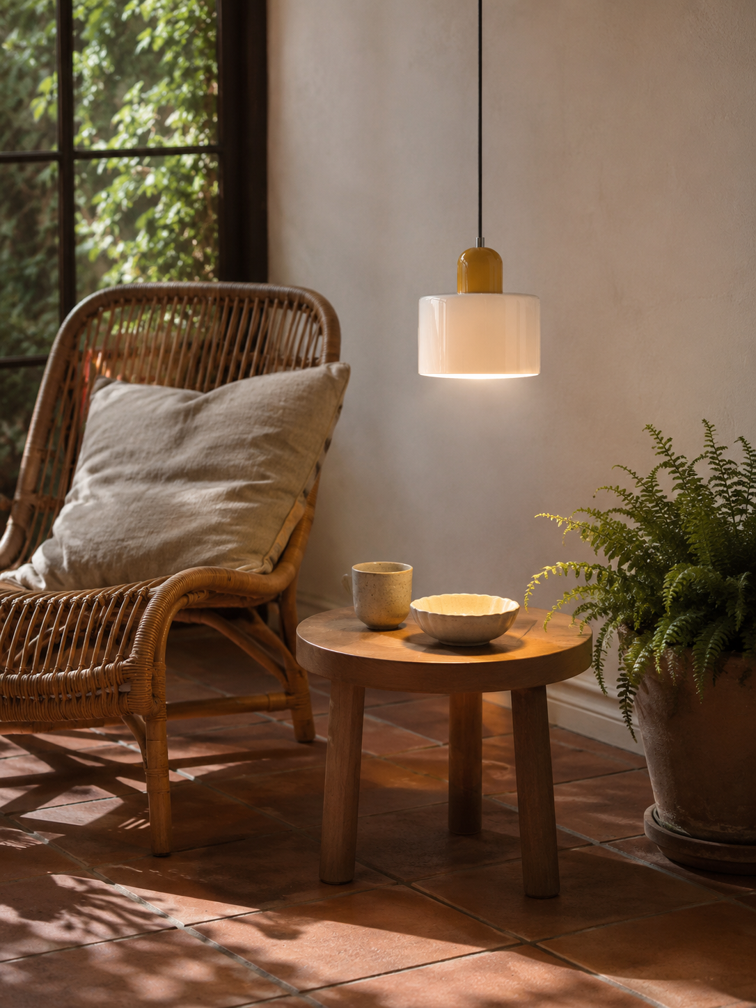 Barcelos Bauhaus glass mini pendant light, in a sunroom.