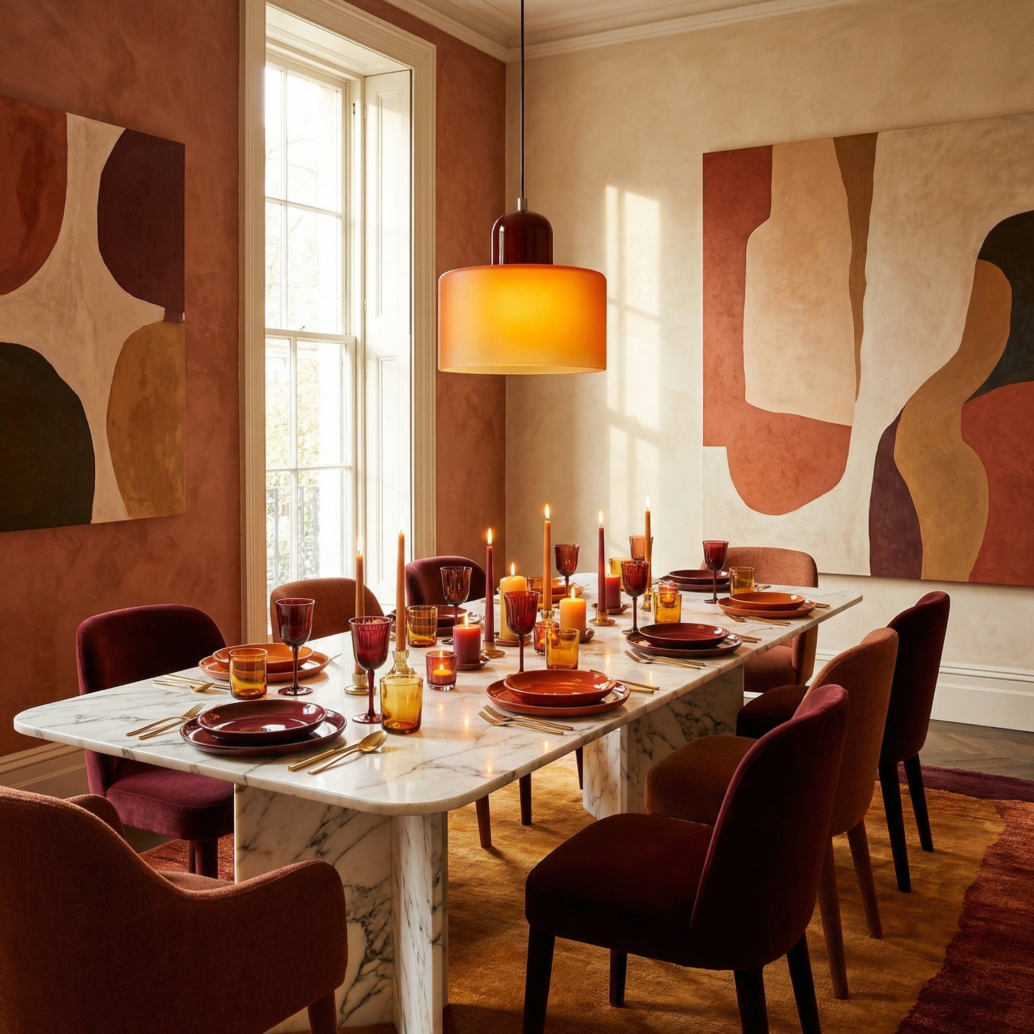 Barcelos Bauhaus glass mini pendant light hanging above a dining table in a warm room