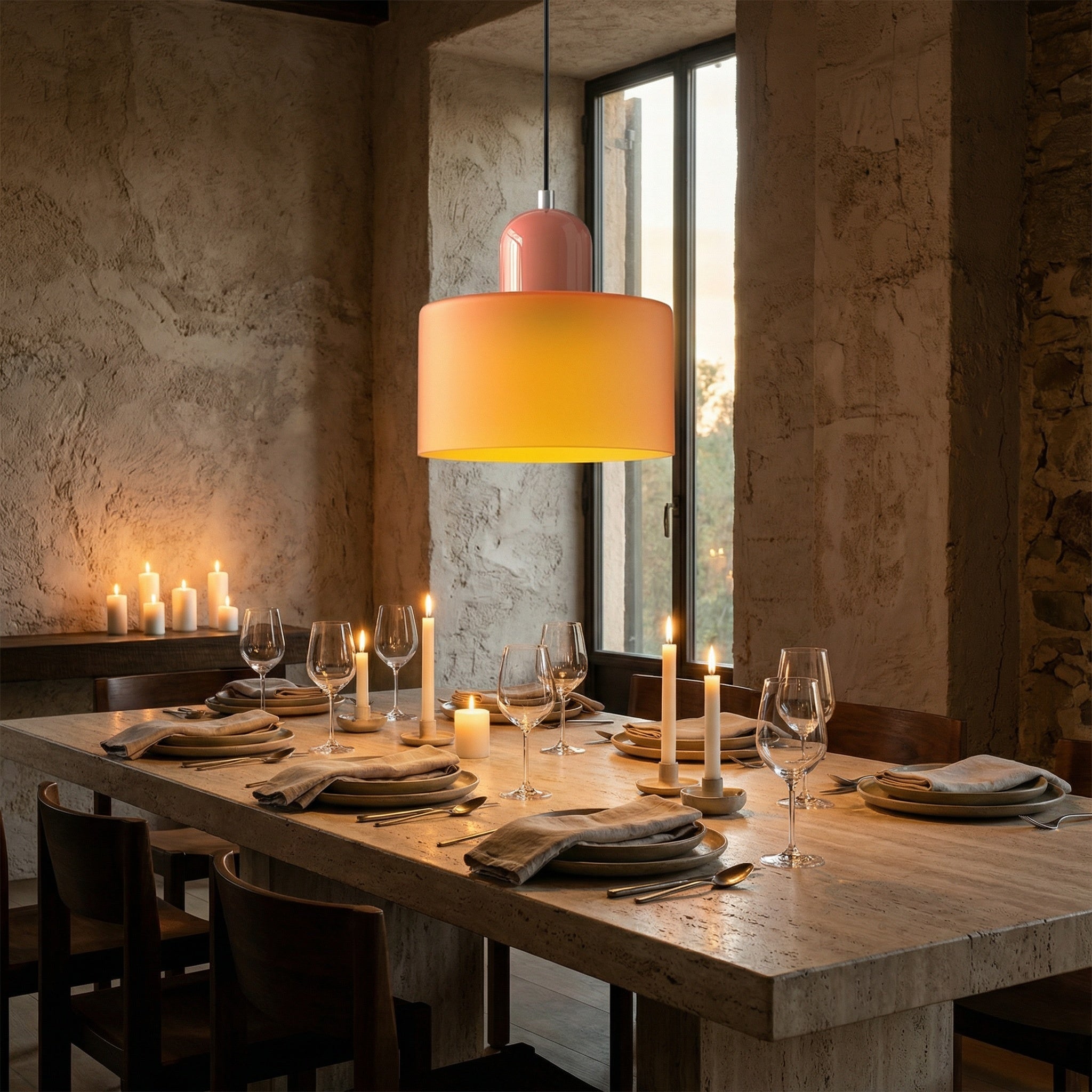 Barcelos Bauhaus glass mini pendant light suspended in a bright living space near a window