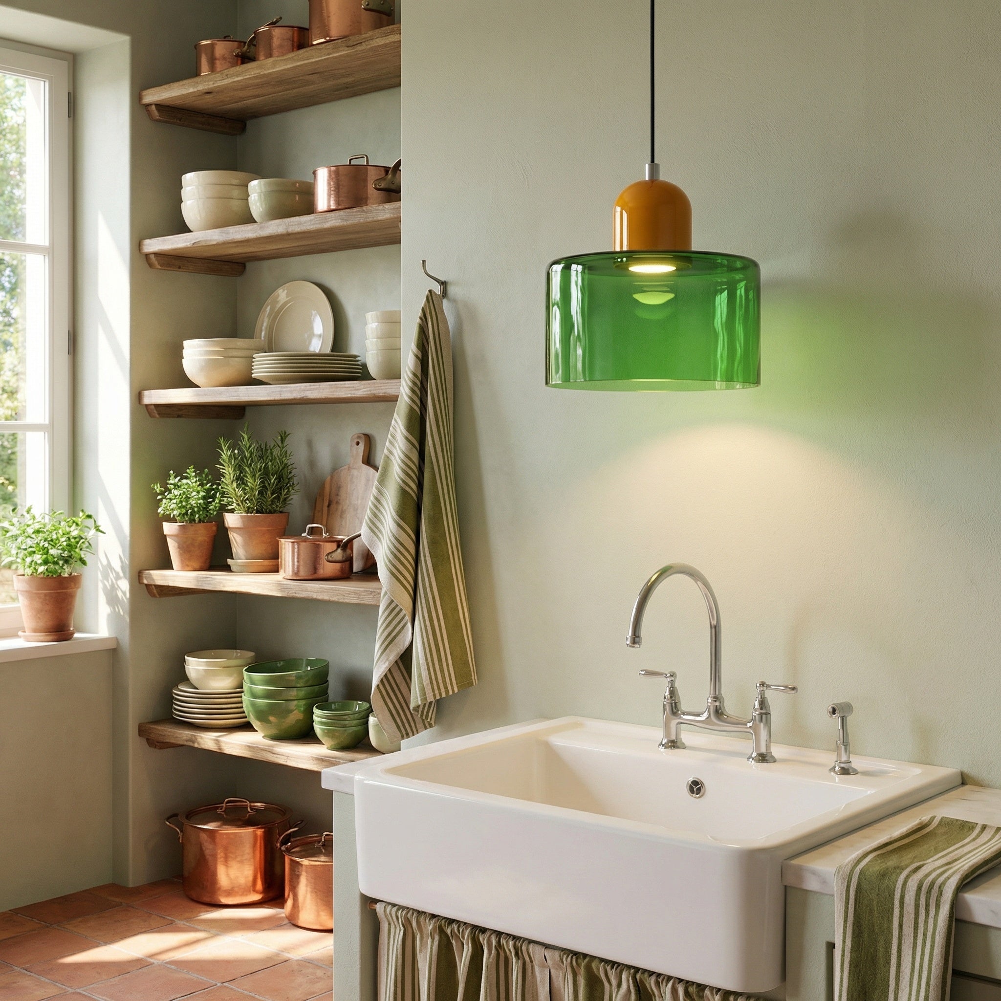 Barcelos Bauhaus glass mini pendant light lighting a cozy bedside corner in the evening