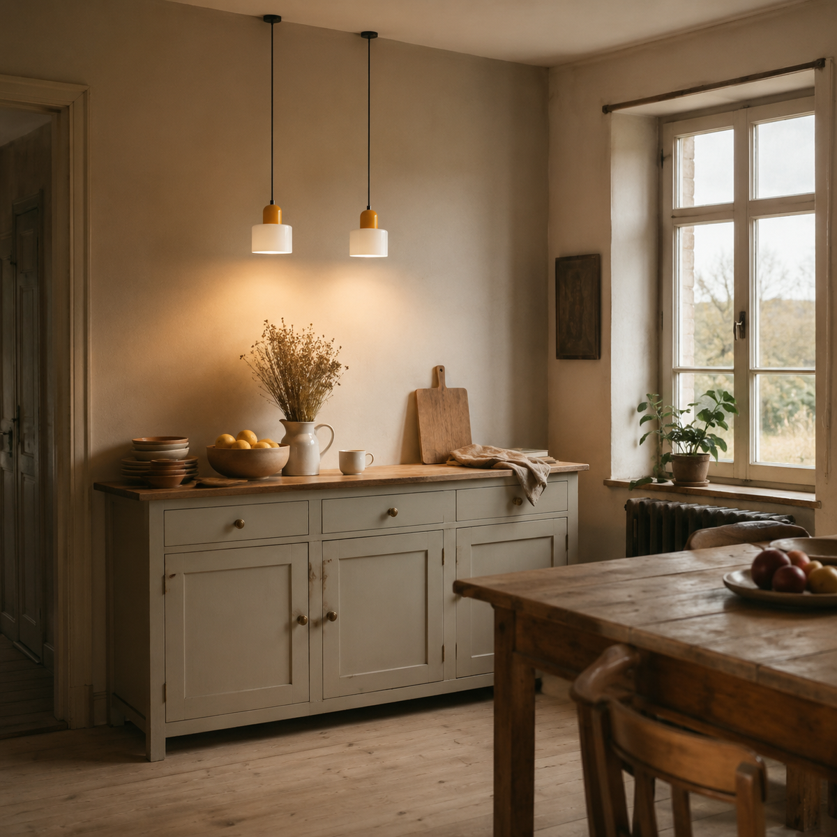 Barcelos Bauhaus glass mini pendant light in light green, hung as a row of 2 in a kitchen.