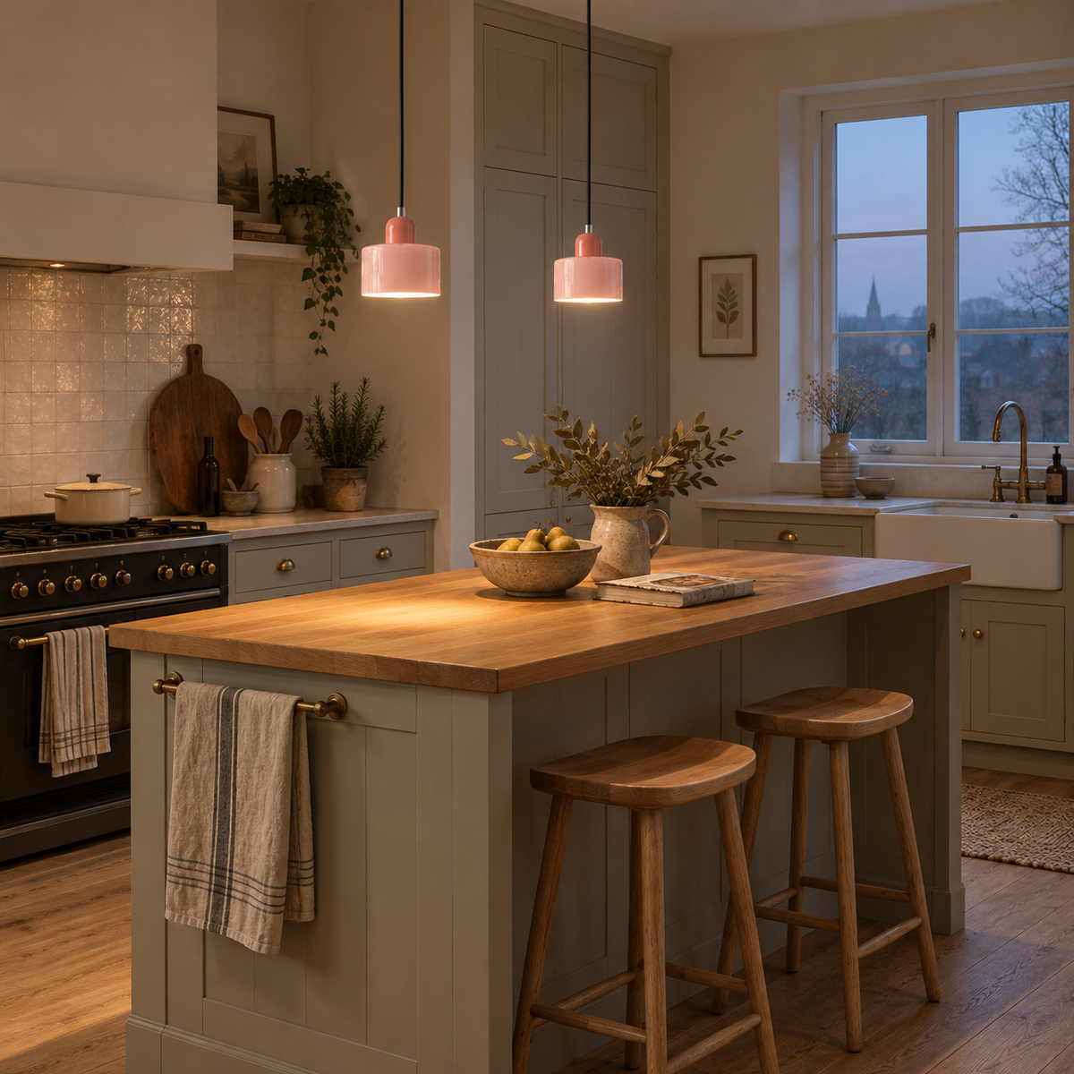 Barcelos Bauhaus glass mini pendant light, pink fitting, hung as a row of 2 in a kitchen.