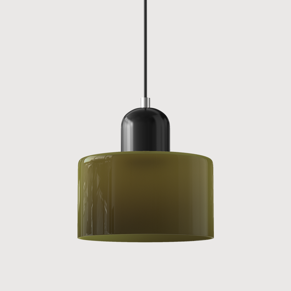 Barcelos Bauhaus glass mini pendant light in pink glass shade with yellow fitting detail