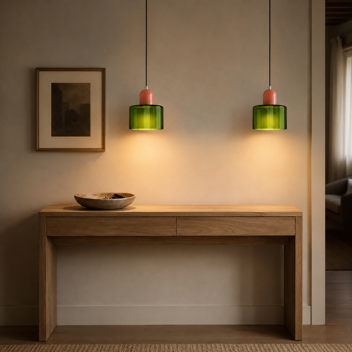 Barcelos Bauhaus glass mini pendant light in white, hung as a row of 2 in an entryway.