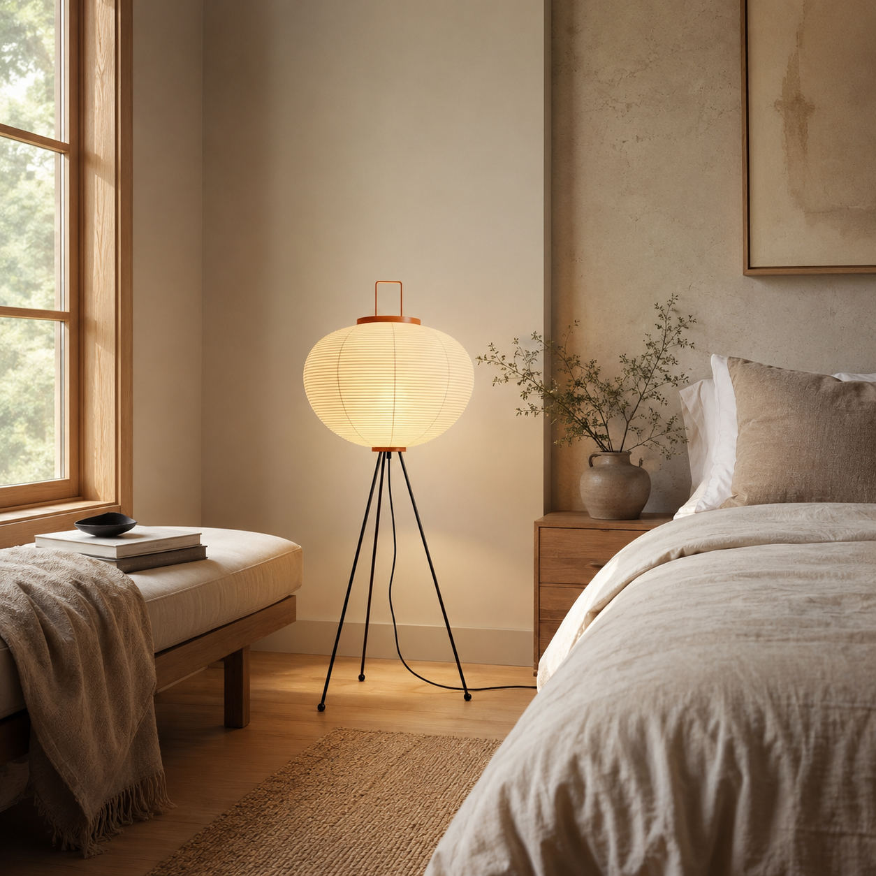 Round mulberry-paper lantern floor lamp beside a bed in a neutral bedroom.