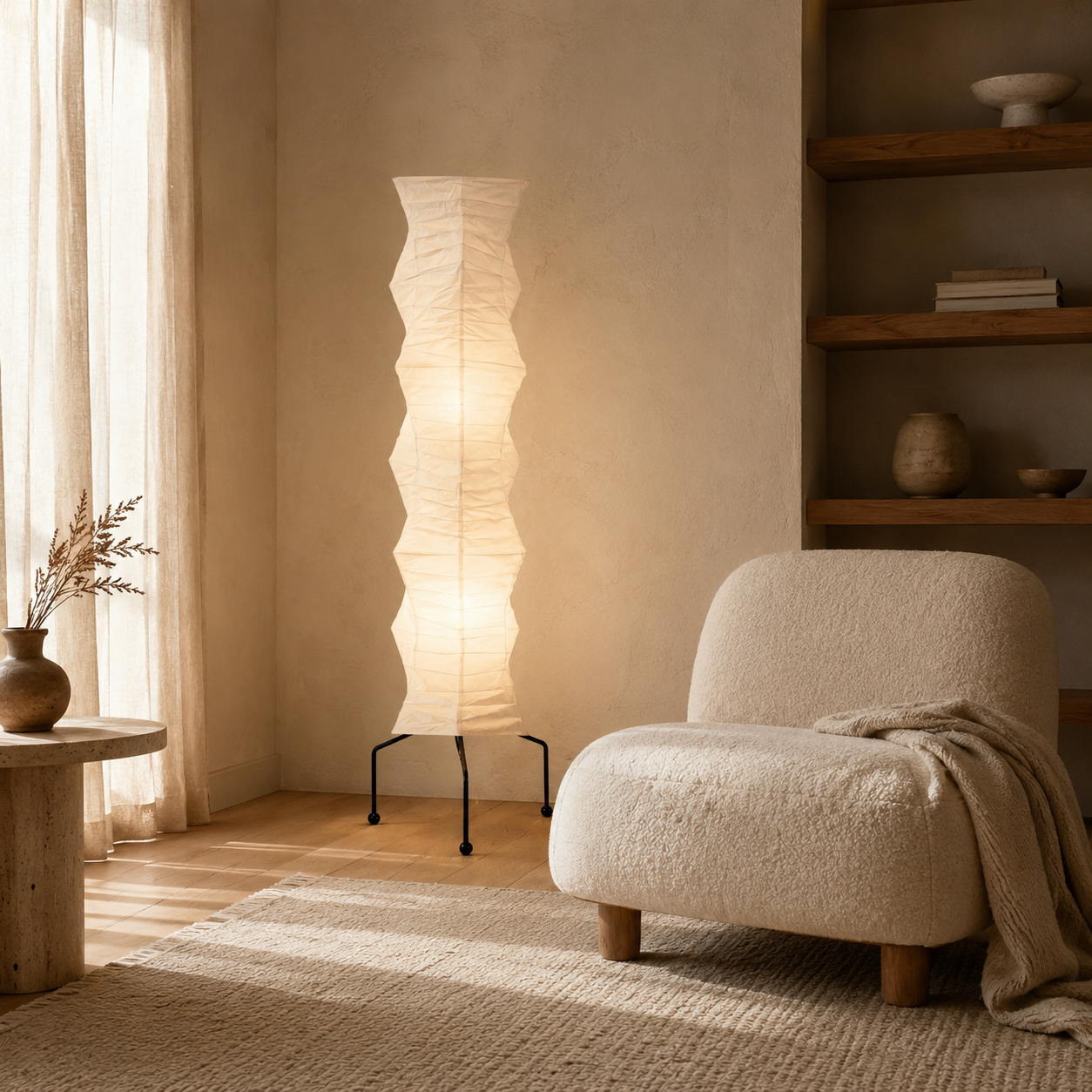 Stacked mulberry-paper floor lamp beside a boucle chair in a plaster-wall room.