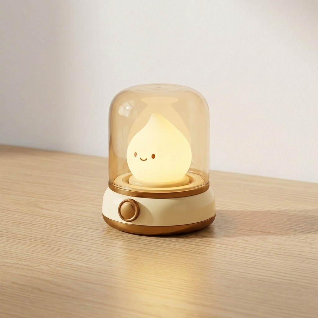 Small kerosene-style flame LED night light with beige base and glass dome, product shot.