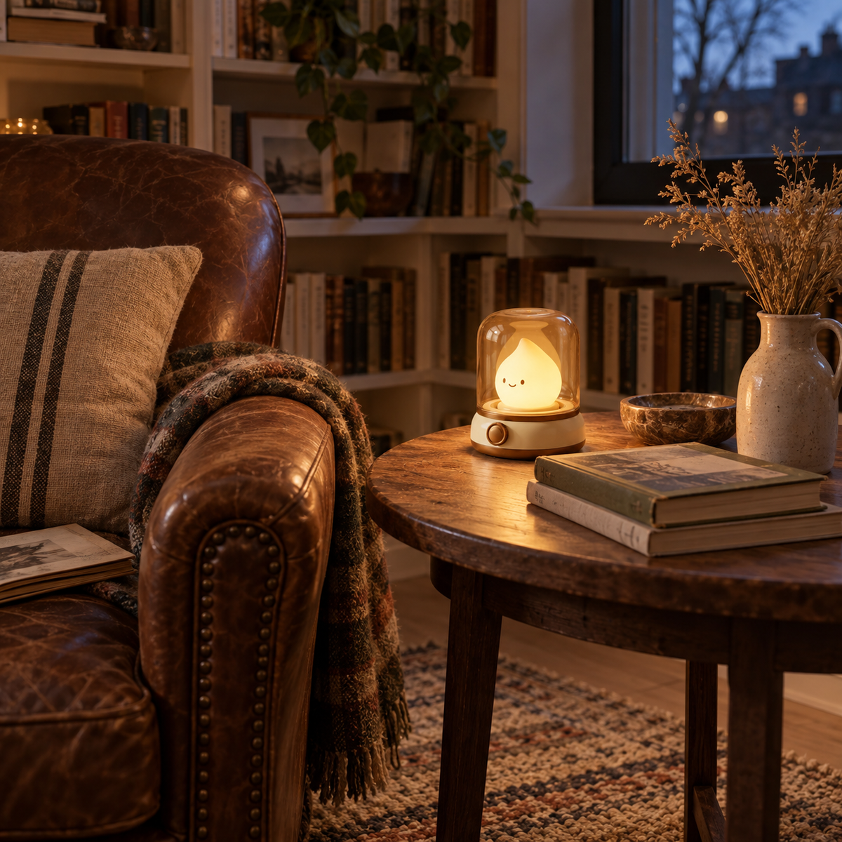 Belmonte flame LED night light in green, beside a side table.