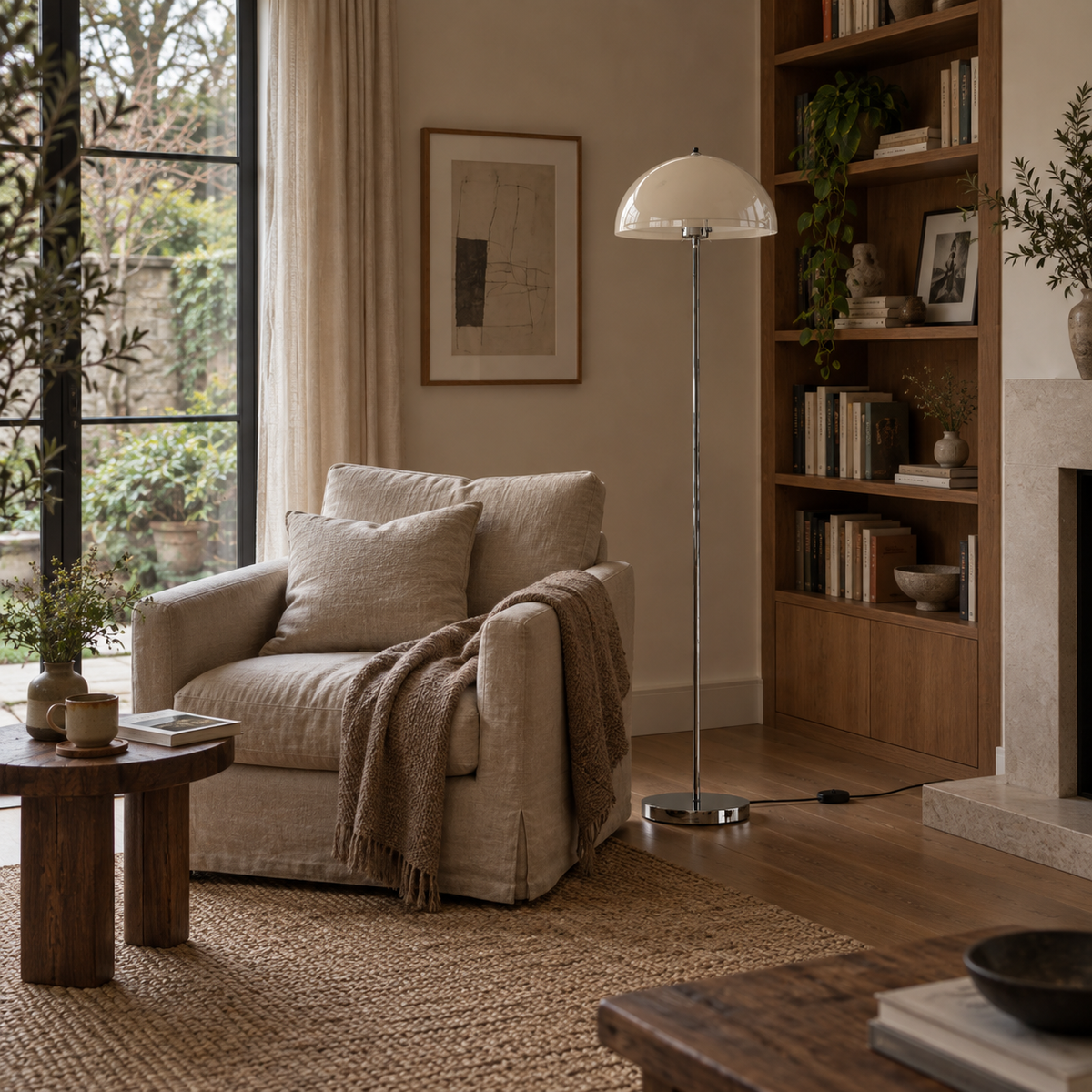 Benavente standing floor lamp, clear finishes, in a reading nook.