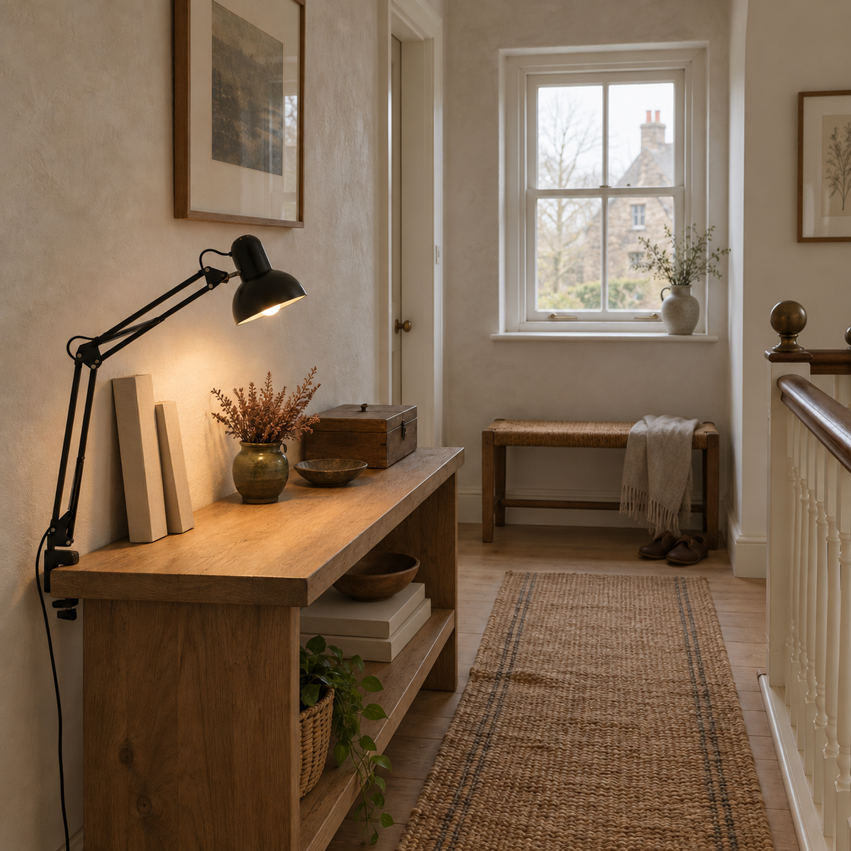 Braga retractable arm table lamp in black, in a landing.