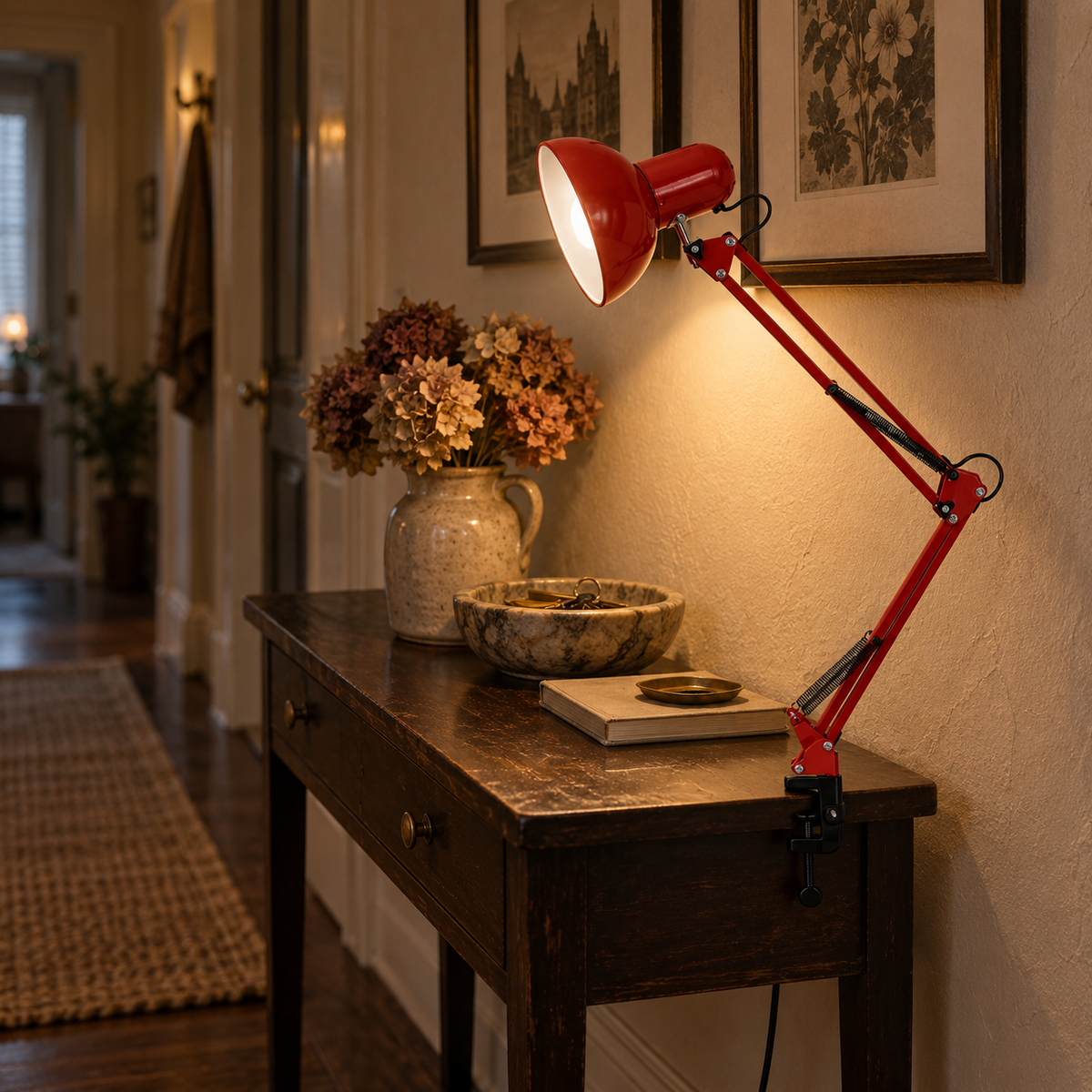 Braga retractable arm table lamp in white, in a hallway.