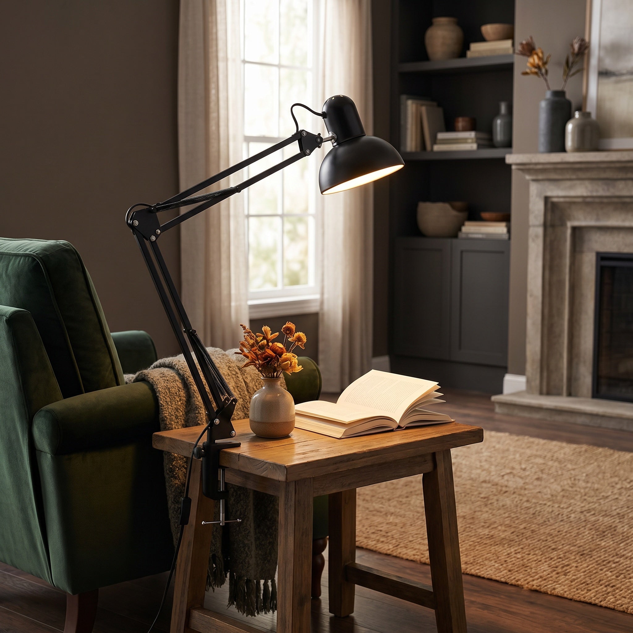 Minimalist clip-mount table lamp with retractable arm in white, product shot.