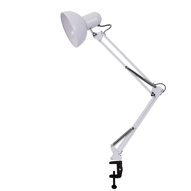 Minimalist clip-mount table lamp with retractable arm in yellow, product shot.