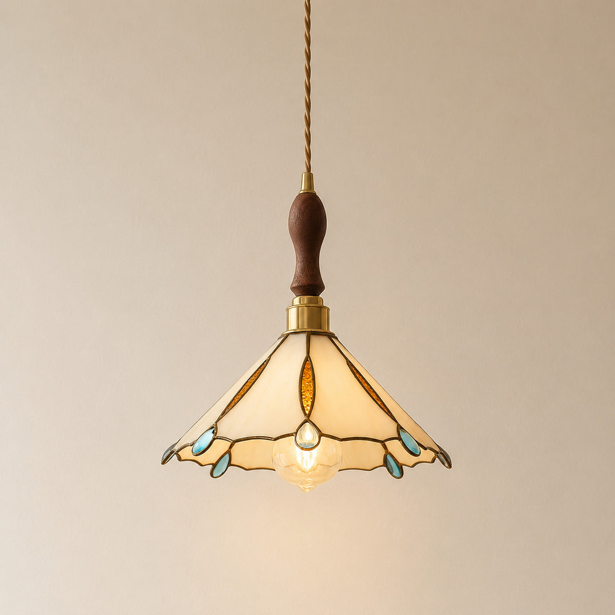 Burgau leaded glass pendant in cream and amber with blue jewels and a wood spindle, 26 cm tall