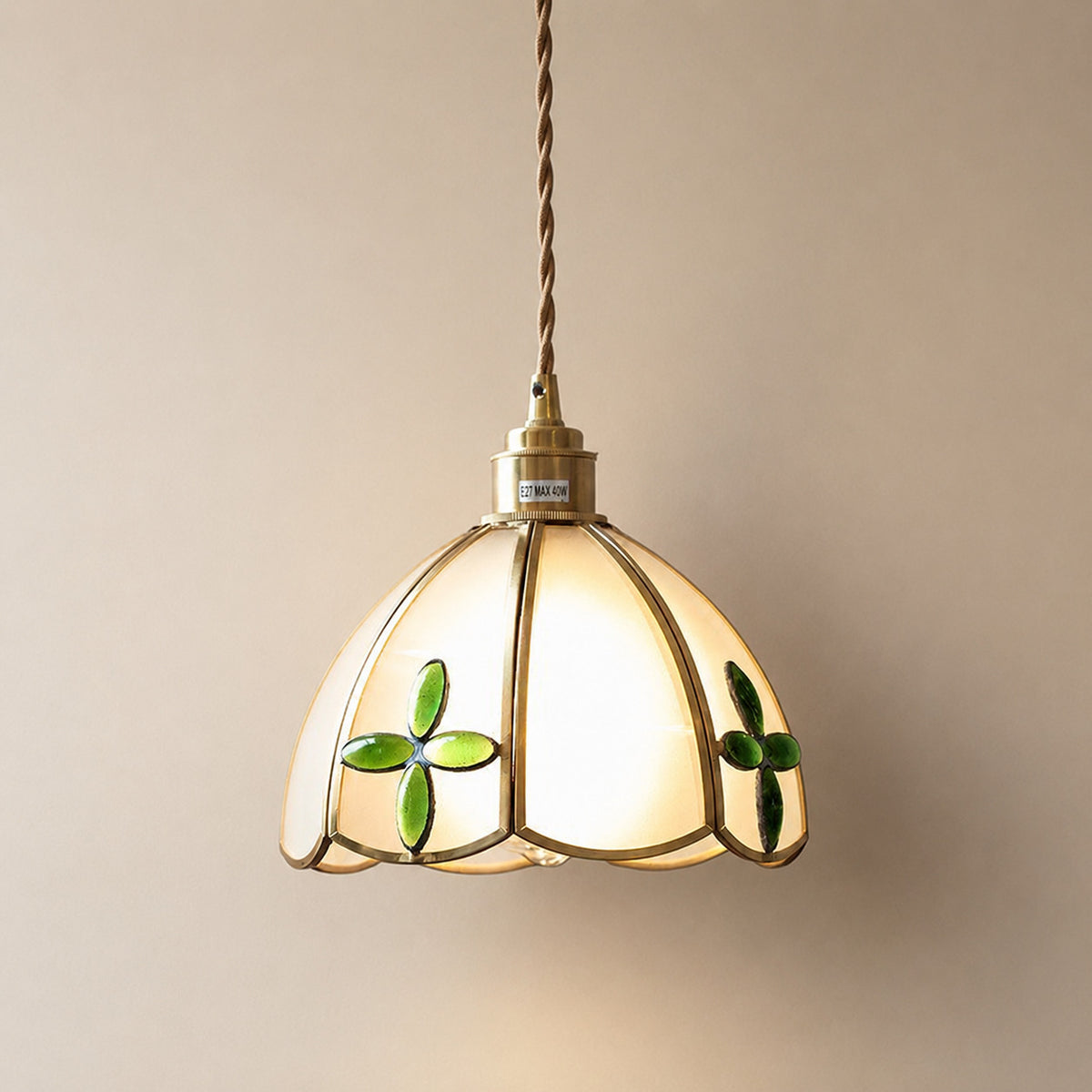 Burgau leaded glass pendant with white and green accents in a brass frame, 18 cm tall