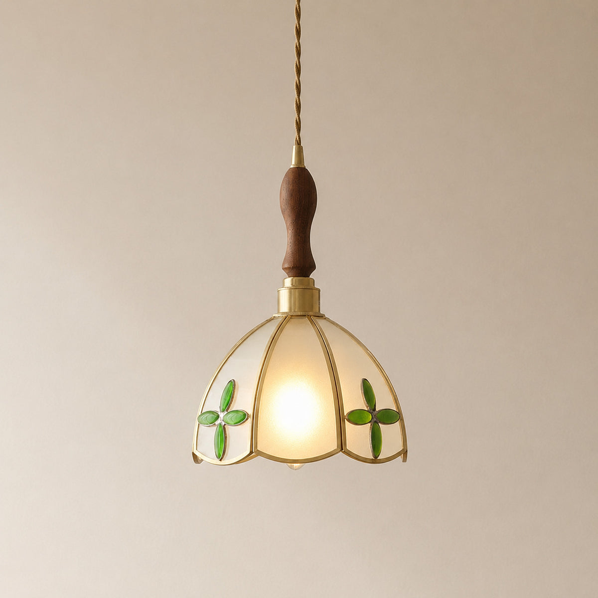 Burgau leaded glass pendant with white and green accents in a brass frame, 28 cm tall