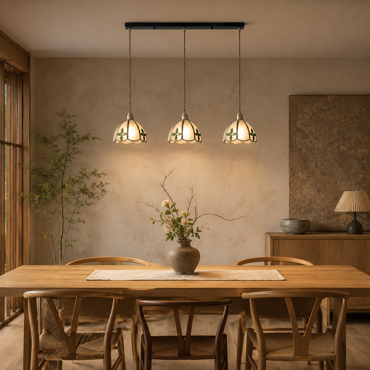 Burgau three-light bar of leaded glass pendants with white and green accents, each 18 cm tall, shown in a room