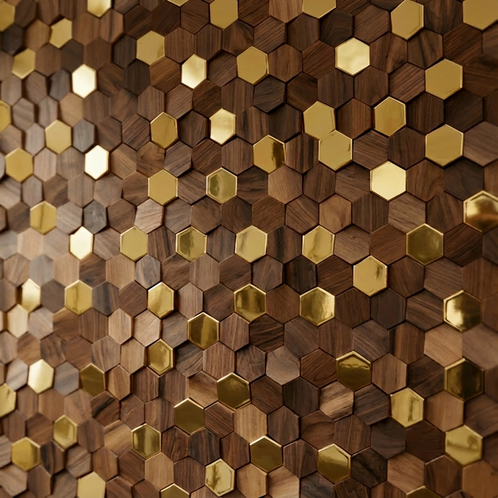 Bússola hexagon panel above a console, brass and walnut combination.