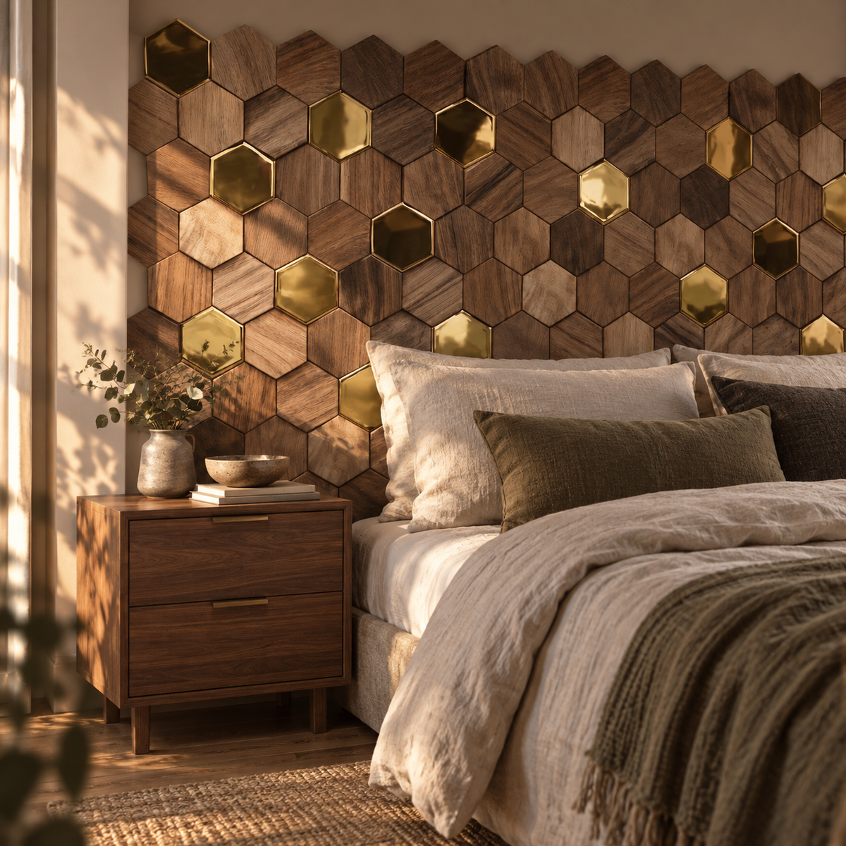 Bússola hexagon mosaic wall panel, walnut & metal, in a bedroom.
