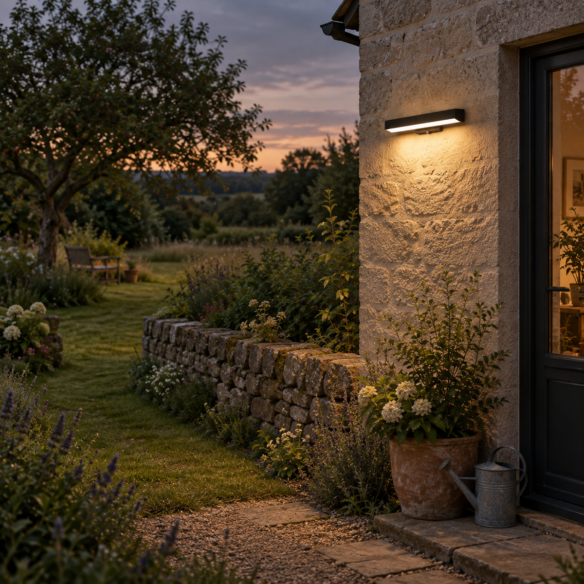 Caminha linear outdoor wall light, in a long garden.