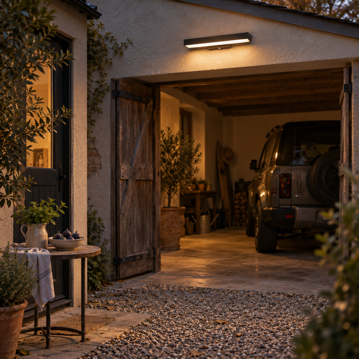 Caminha linear outdoor wall light, on a drive, beside a side table.