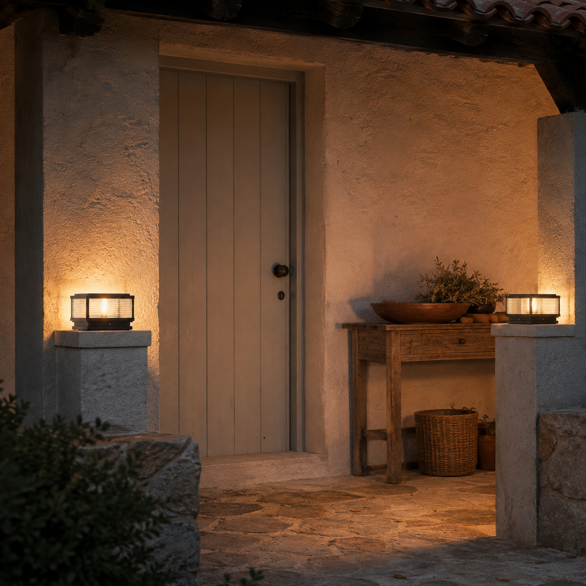 Carvoeiro outdoor pillar light, on a porch, beside a console table.