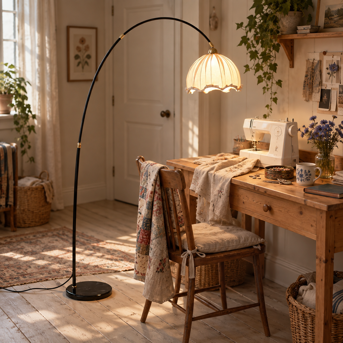 Cascais scalloped arc floor lamp in black, beside a desk.