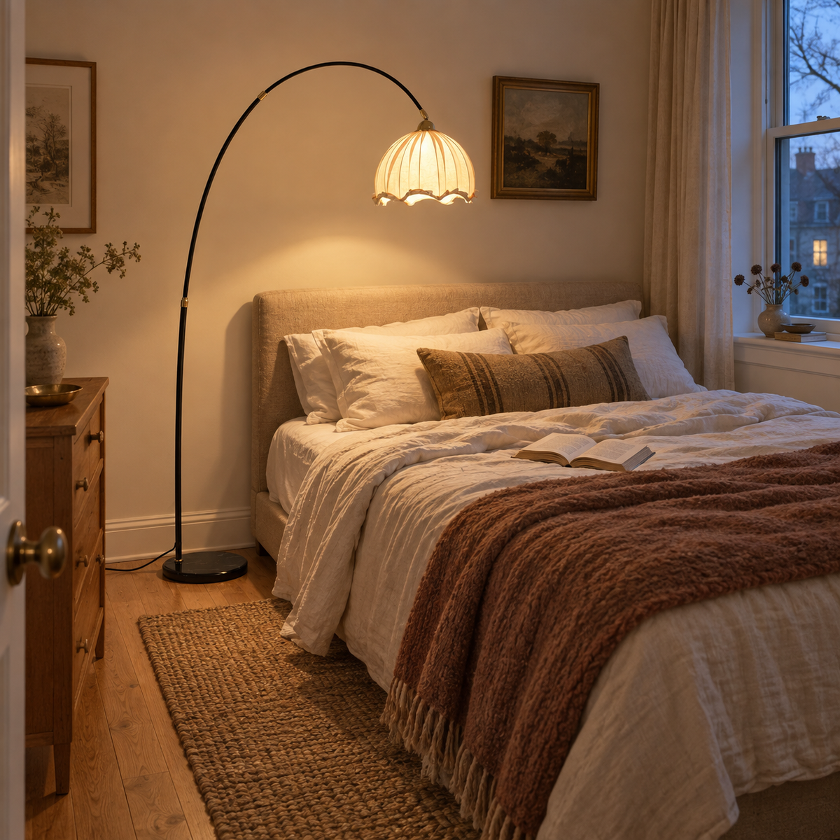 Cascais scalloped arc floor lamp in black, in a bedroom.