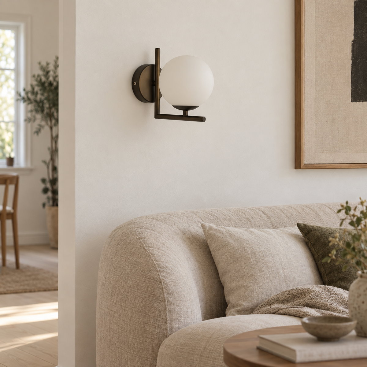 Ceira globe wall sconce, in a living room.