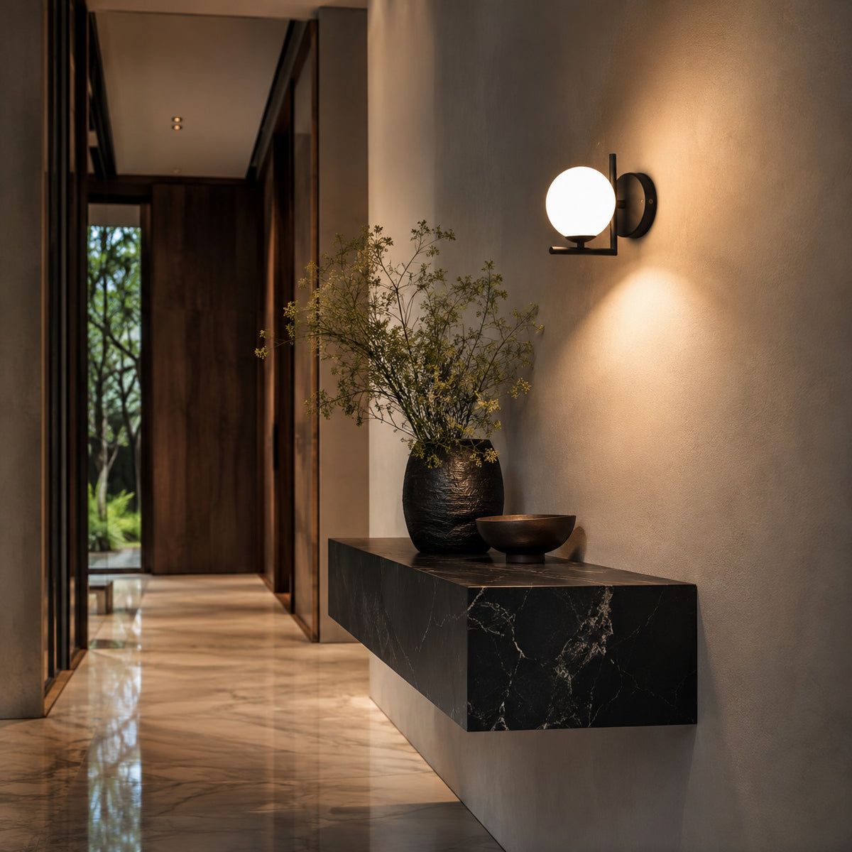 Ceira globe wall sconce with a matte black right-angle bracket and an opal white globe, shown in a room