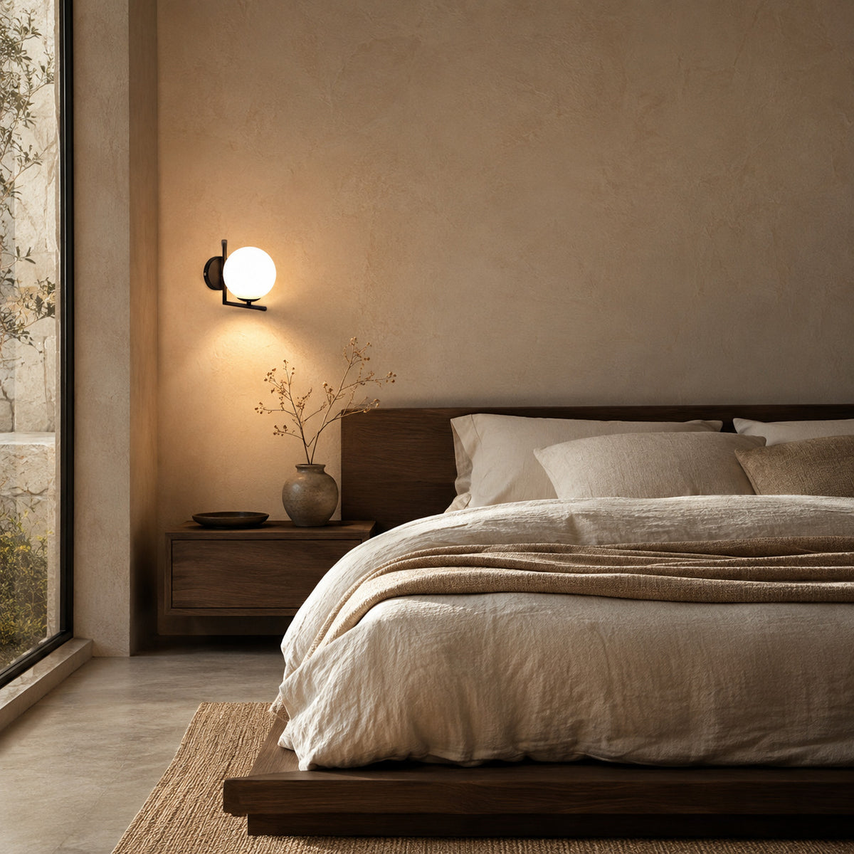 Ceira globe wall sconce in matte black, lit above a bed with linen bedding by a window