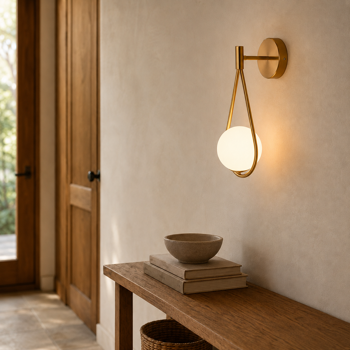 Celorico brass loop sconce lit above an oak console with books and a stoneware bowl in an entryway.