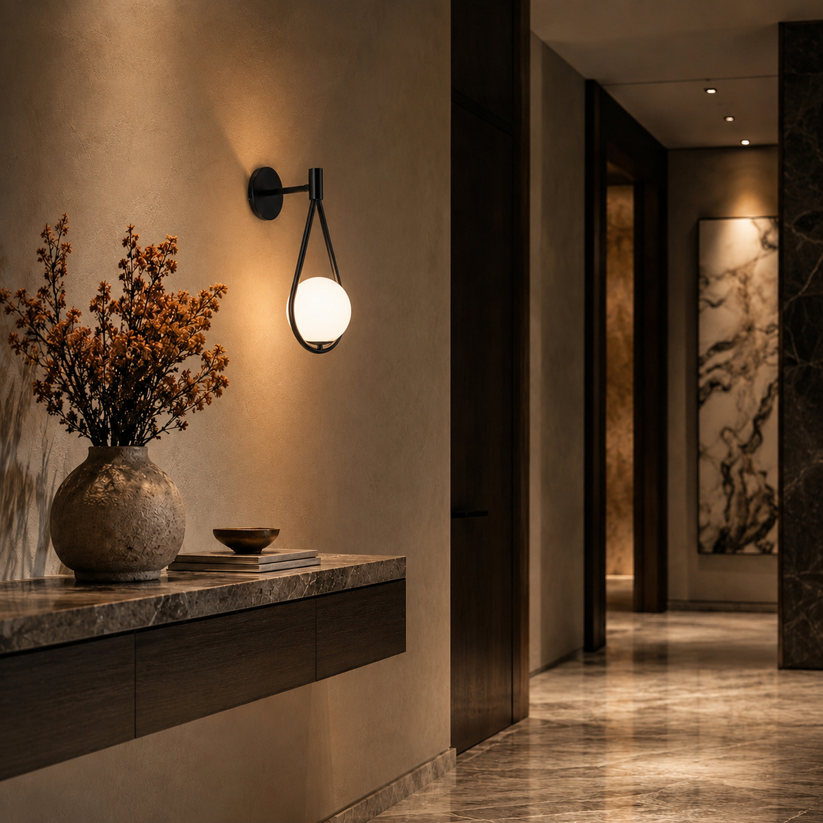 Celorico black loop sconce in profile on a hallway wall, arm projecting from the round backplate.