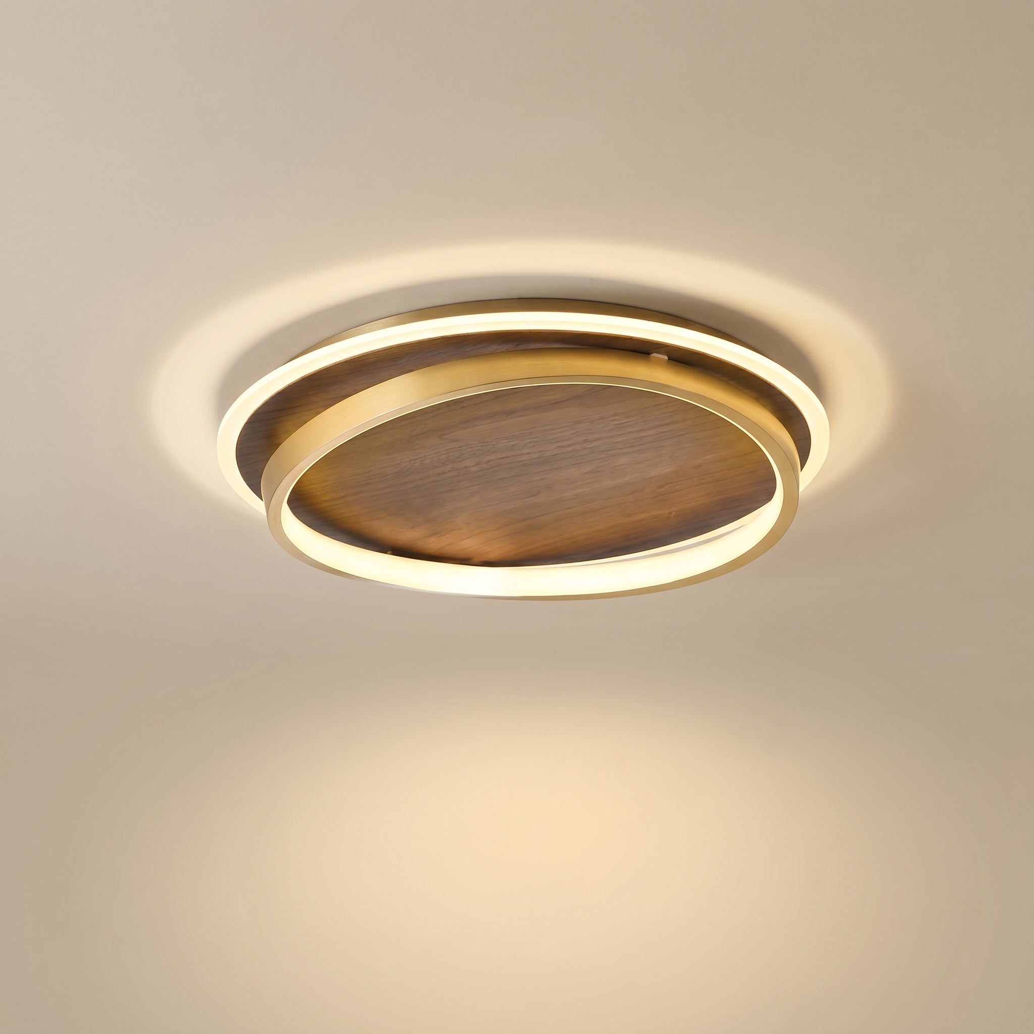Chaves LED flush mount ceiling light, walnut finish disc with brushed-gold ring