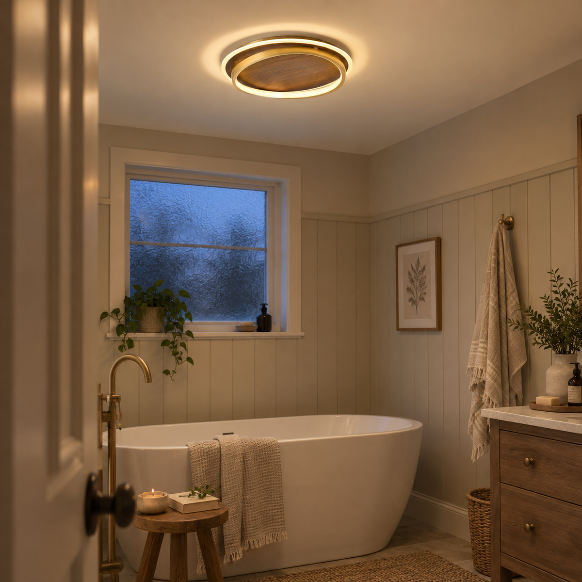 Chaves LED flush mount ceiling light, warm light, in a bathroom, beside a bathtub rim.