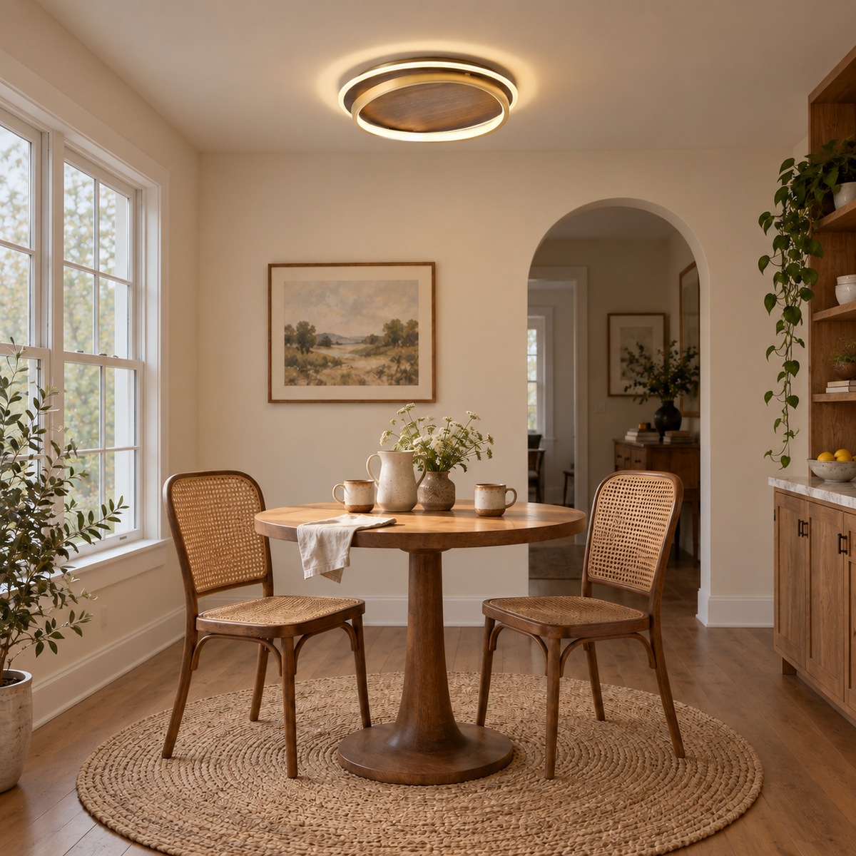 Chaves LED flush mount ceiling light, white light, beside a breakfast nook table.