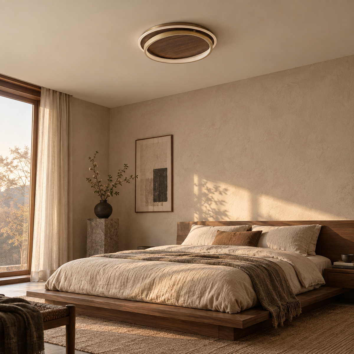 Chaves LED flush mount ceiling light, white light, in a bedroom, beside a bed.