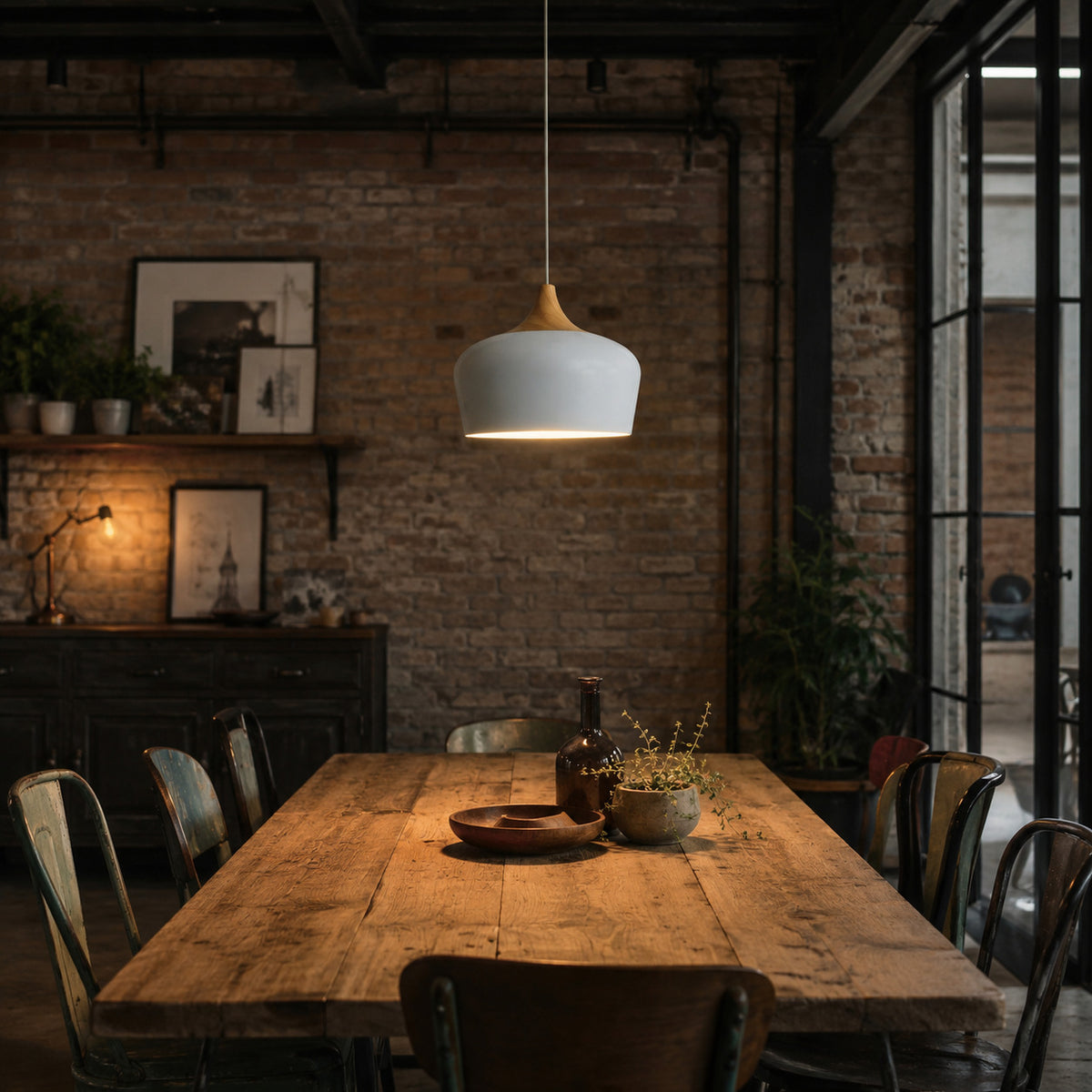 Cobres pendant in flat matte white with a turned wood cap, the deeper Dome shade, shown in a room