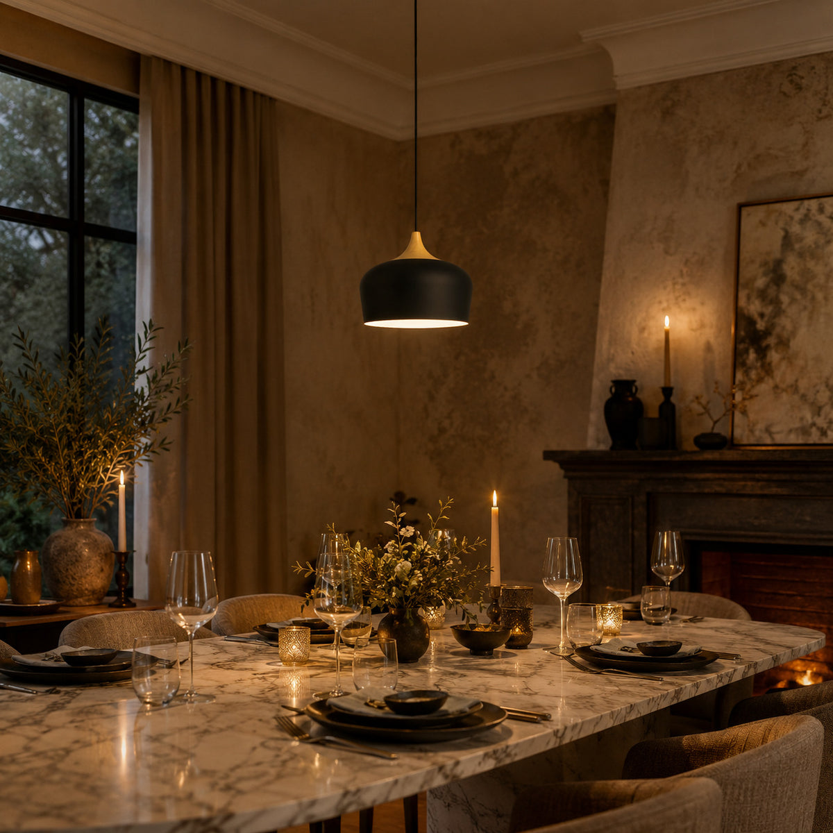 Cobres pendant in matte black with a turned wood cap, the deeper Dome shade, shown in a room