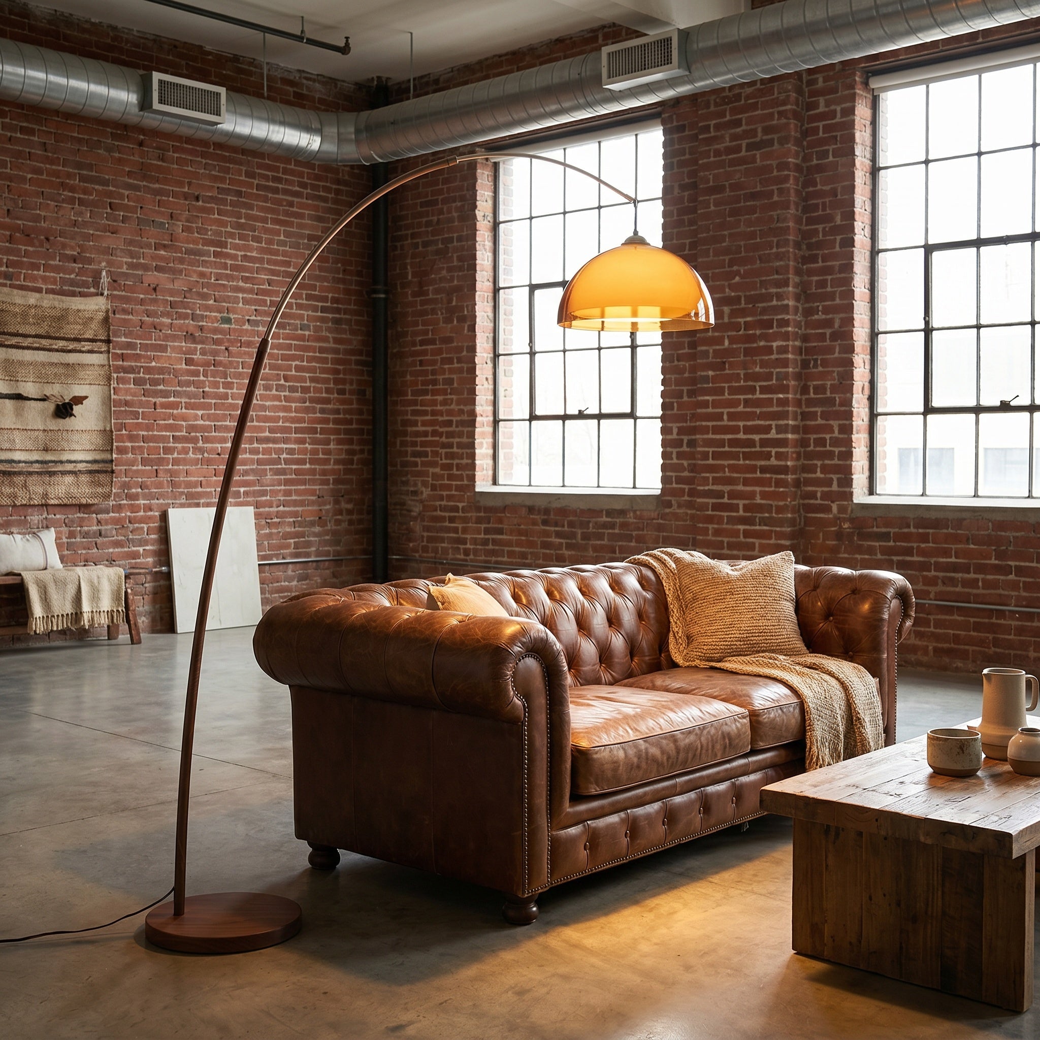 Walnut arc floor lamp with amber dome above a chesterfield sofa in a brick-walled loft.
