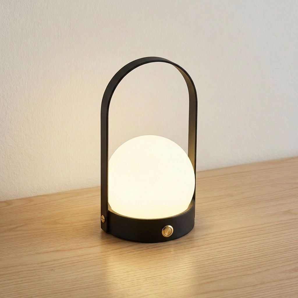 Cordless touch table lamp with black metal basket-base and white glass orb, product shot.