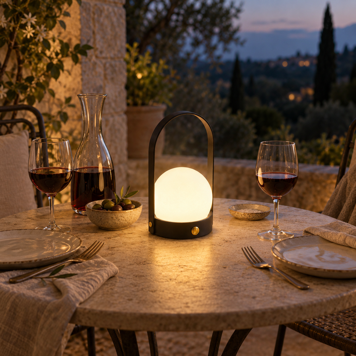 Comporta cordless touch table lamp in black, on a terrace.