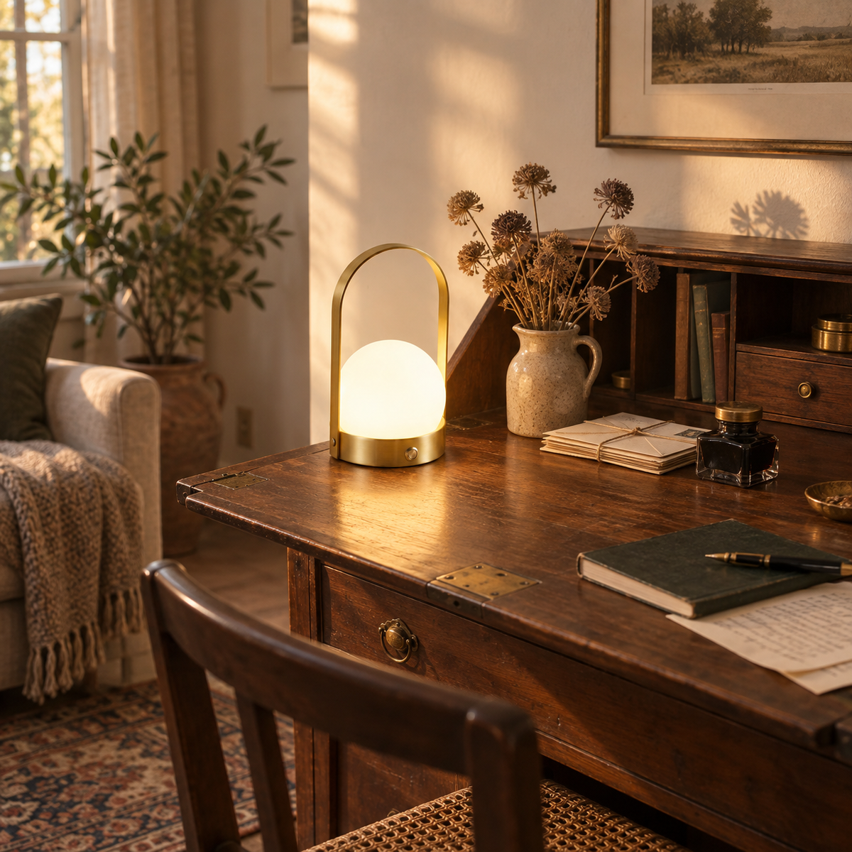 Comporta cordless touch table lamp in gold, in a living room.