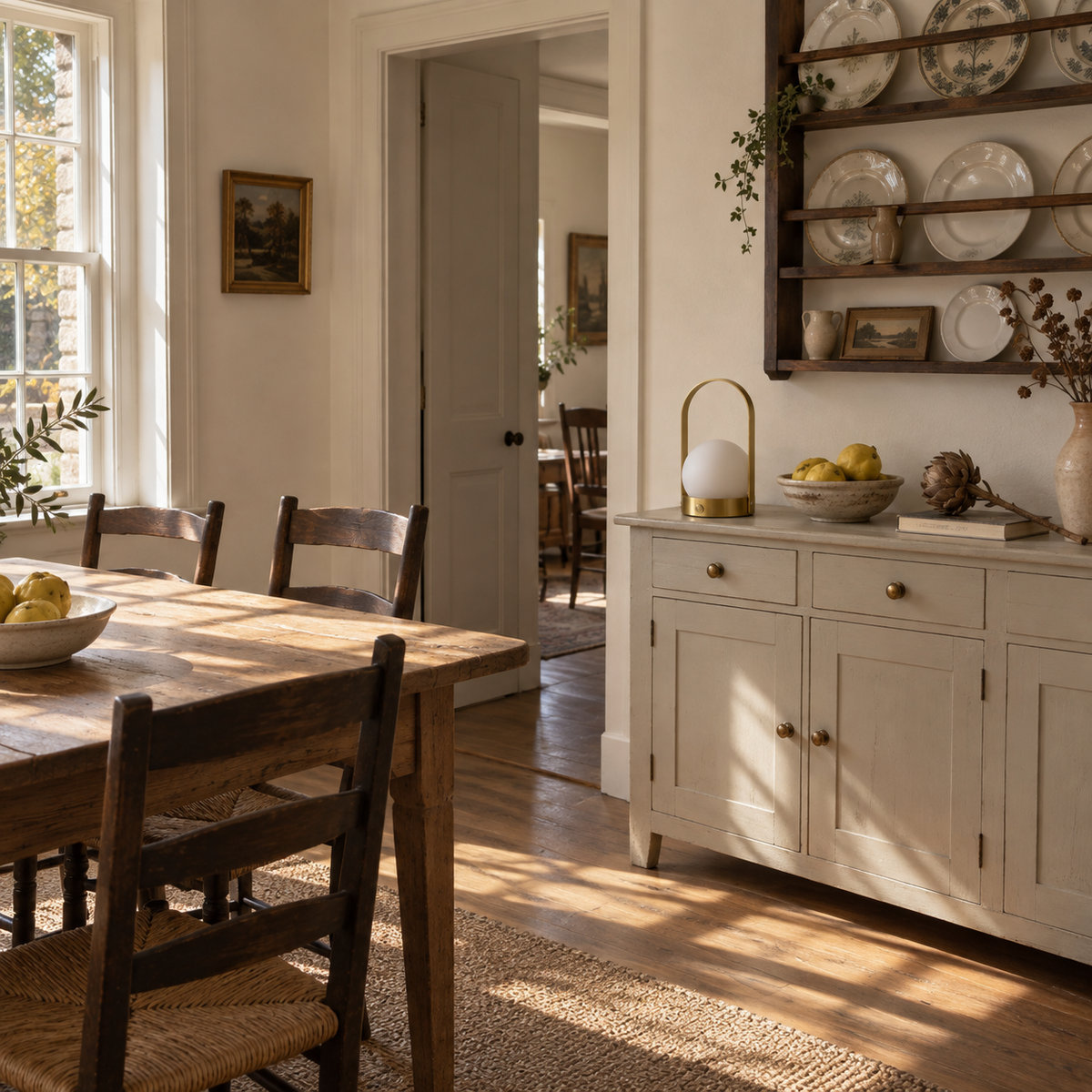 Comporta cordless touch table lamp in white, in a dining room.