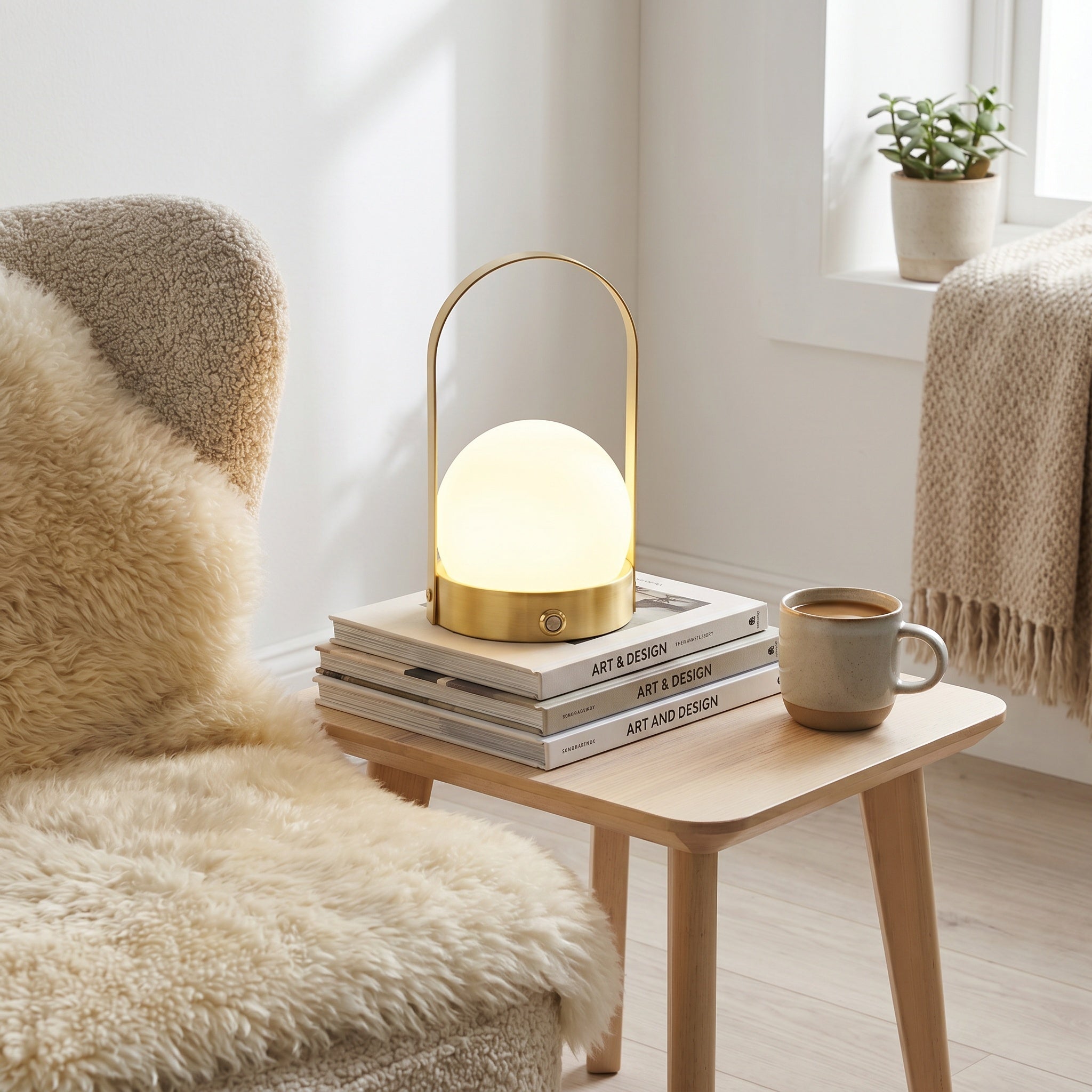 Cordless touch table lamp on a bedside table in a linen-bedded bedroom.