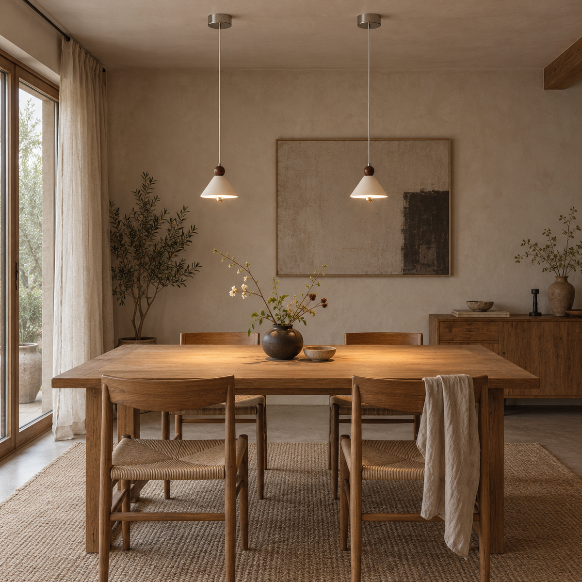 Covilhã cone pendant light, hung as a row of 2 in a dining room.