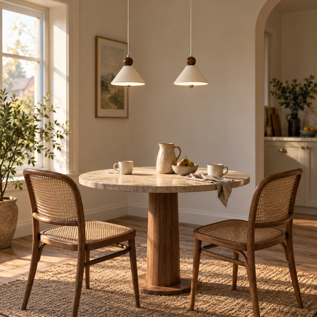 Covilhã cone pendant light, hung as a row of 2 beside a breakfast nook table.